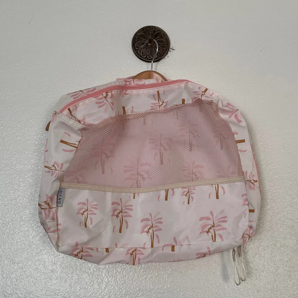Hang Accessories Travel Organizer Bag Pink White Floral Mesh Pocket Zipper Case
